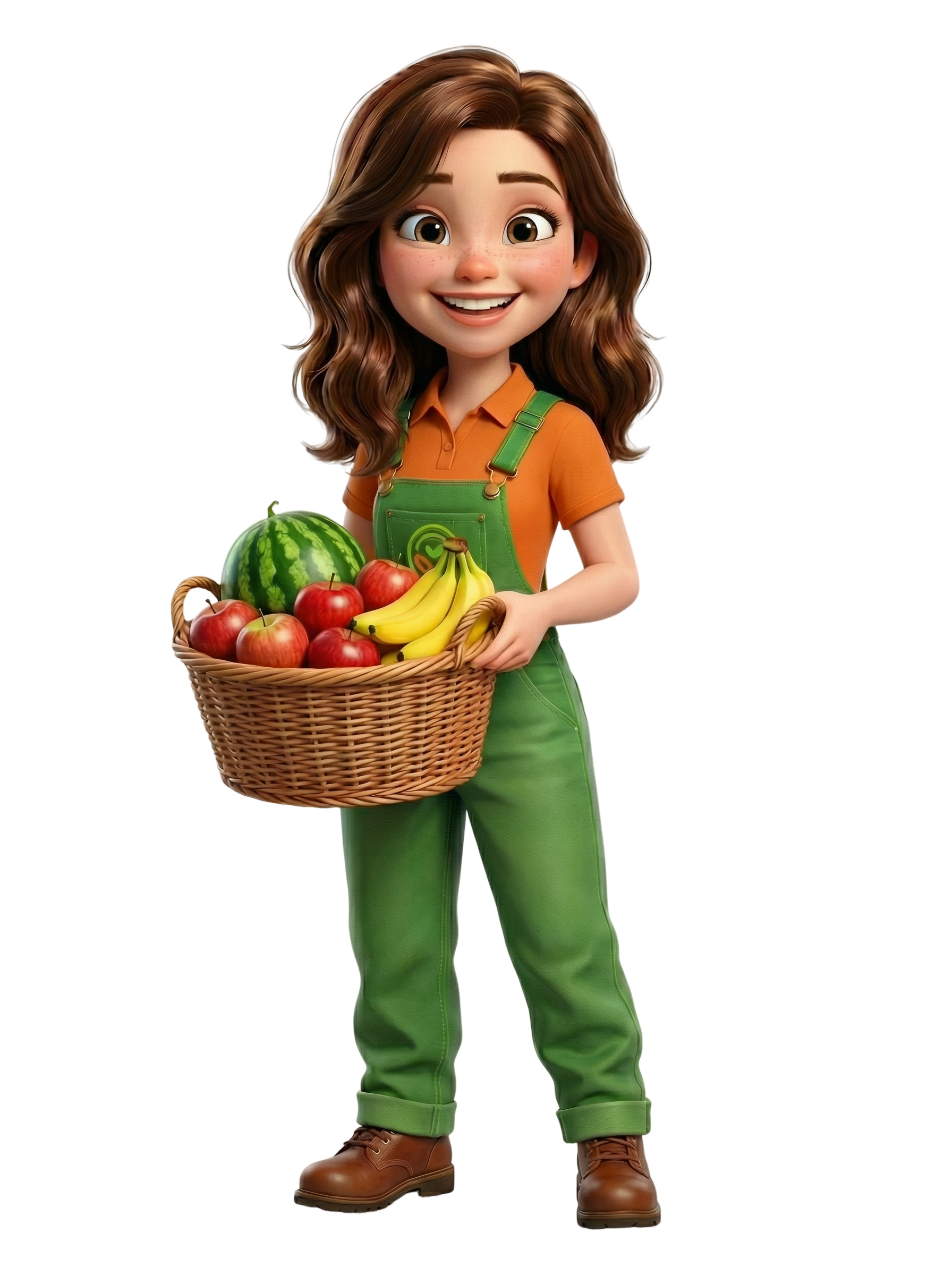 Mascote Maia da Mangai Distribuidora com cesta de frutas frescas